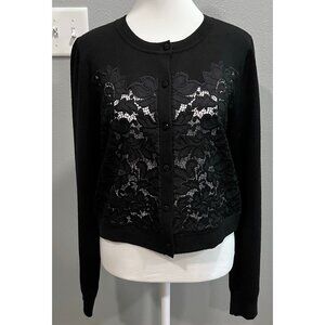 DVF Diane Von Furstenberg Lace Pattern Crew Neck Cardigan, Black, Size L, EUC